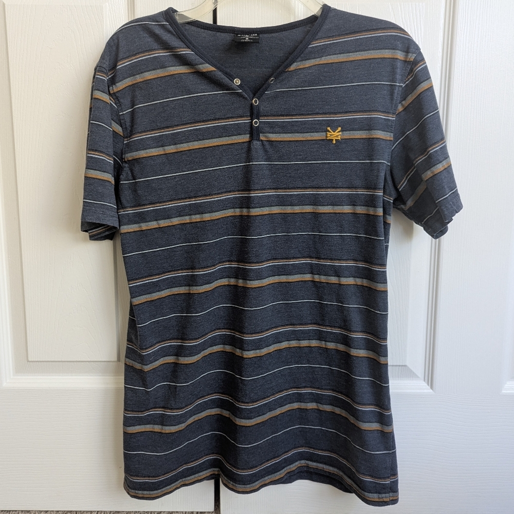 Zoo York Men’s Striped Henley Shirt | Blue Gray Orange | Short Sleeve Size M